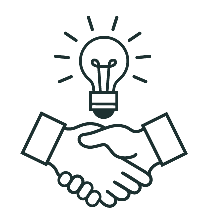 Two hand shaking and a lightbulb